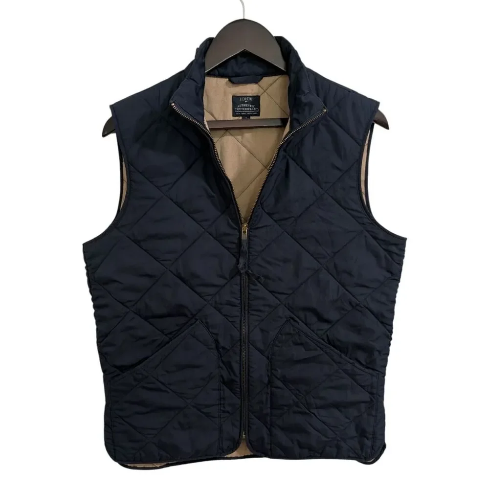 J.Crew Men's Authentic Outerwear Quilted Sussex Vest - Navy Blue & Tan Size S